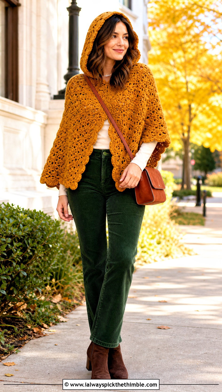 Shell Stitch Crochet Hooded Poncho With Corduroy Pants - 25 Crochet Hooded Poncho outfit ideas