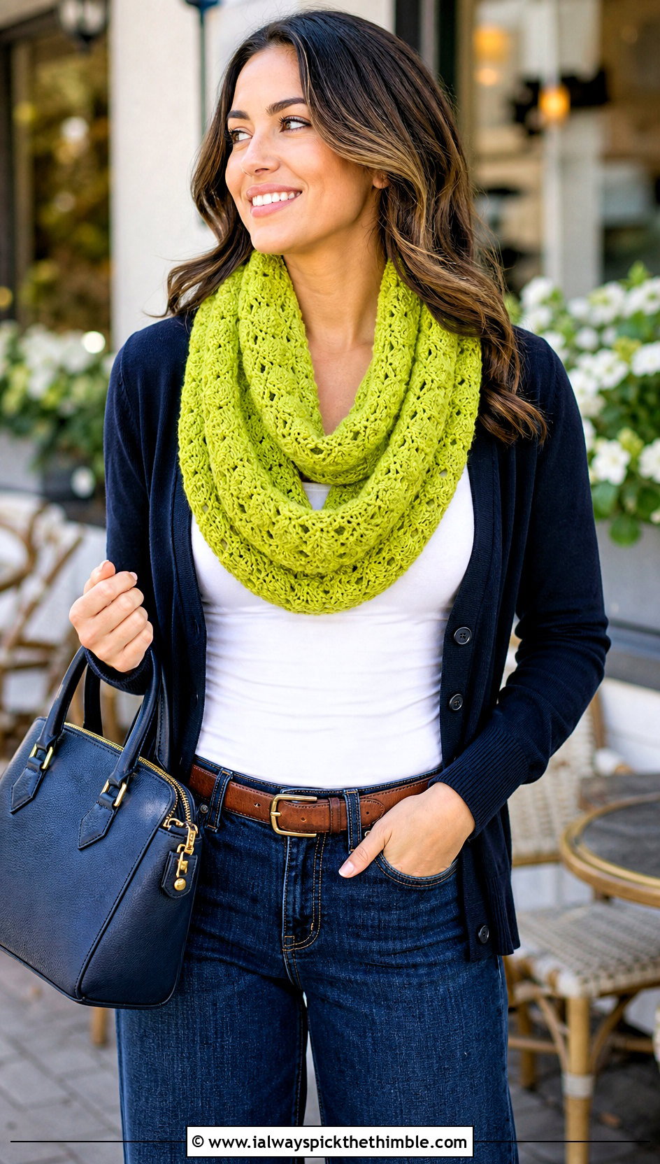 Shell Stitch Crochet Infinity Scarf With Cardigan And Wide Leg Jeans - 15 Crochet Infinity Scarf On Hanger outfit ideas