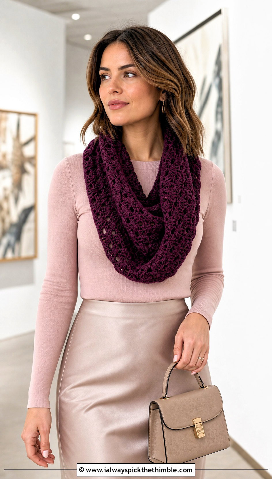 Shell Stitch Crochet Infinity Scarf With Midi Skirt - 20 easy crochet infinity scarf outfit ideas