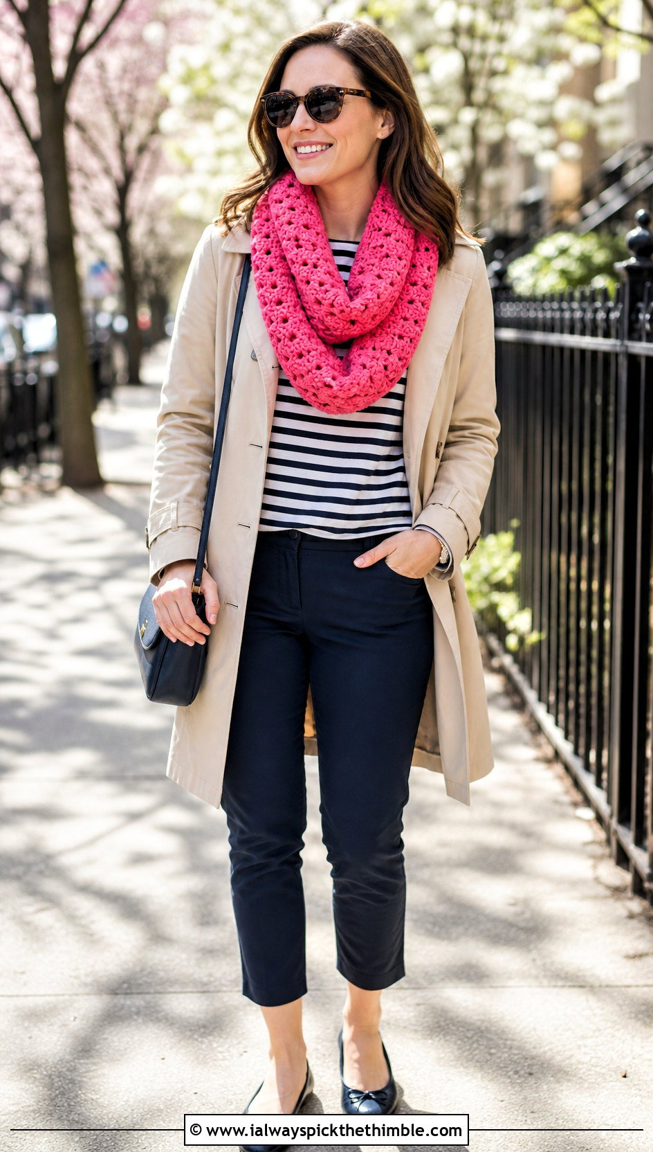 Shell Stitch Crochet Infinity Scarf With Trench Coat - 20 crochet infinity scarves outfit ideas