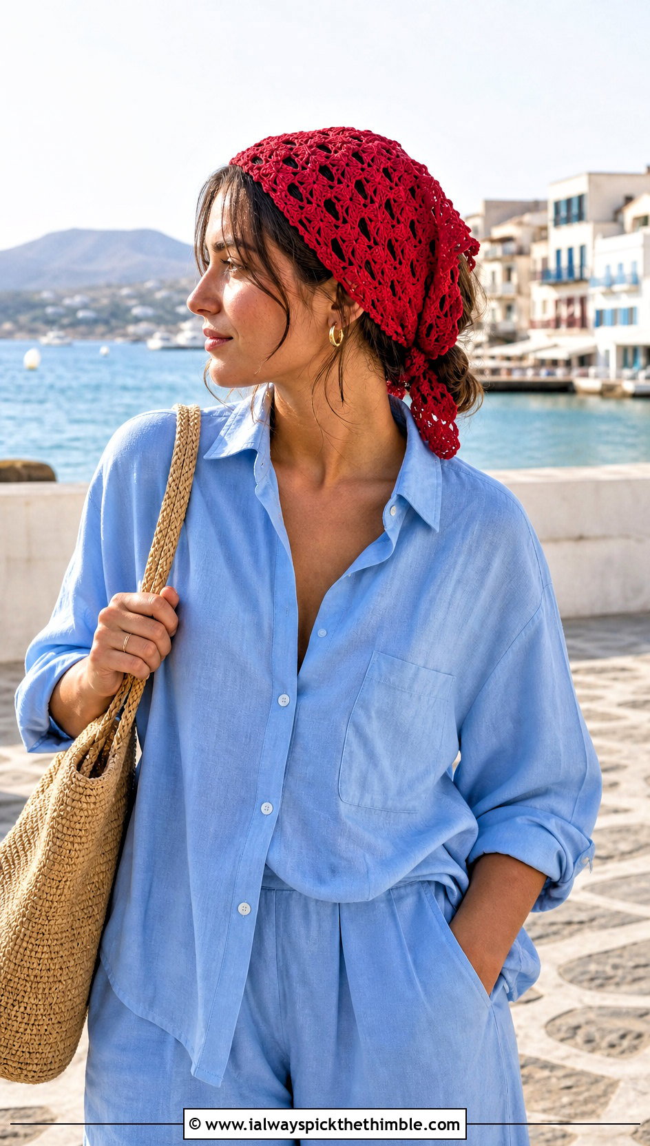 Shell Stitch Crochet Kerchief With Linen Set And Sandals - 20 crochet head wrap outfit ideas