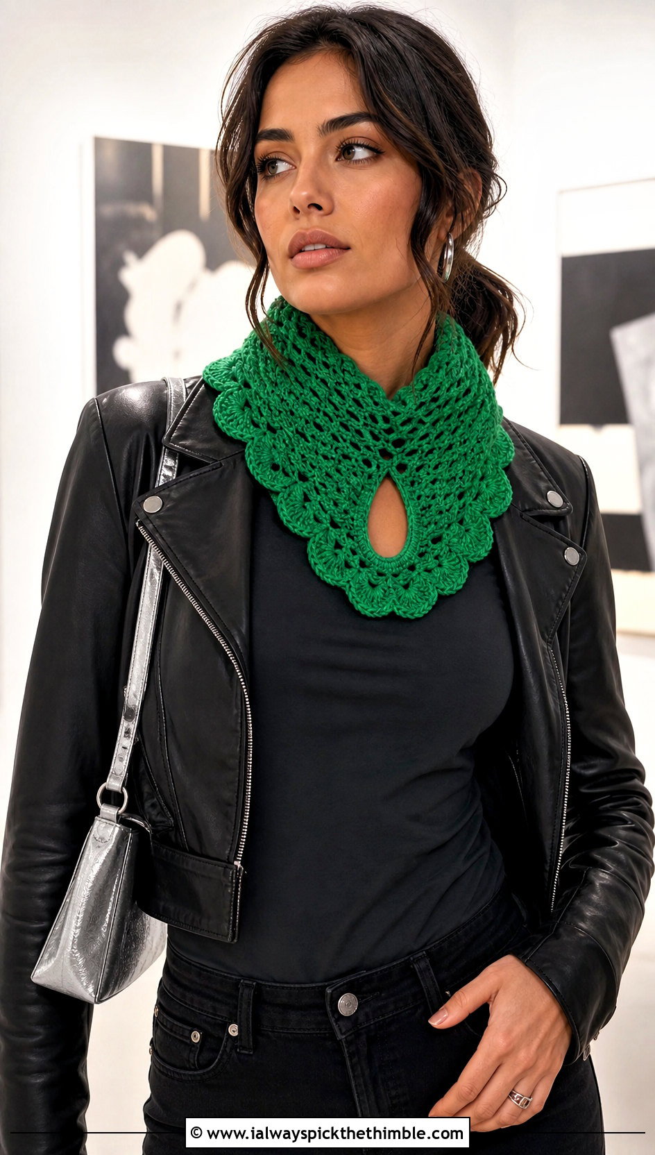 Shell Stitch Crochet Keyhole Scarf With Leather Jacket - 25 crochet keyhole scarf outfit ideas