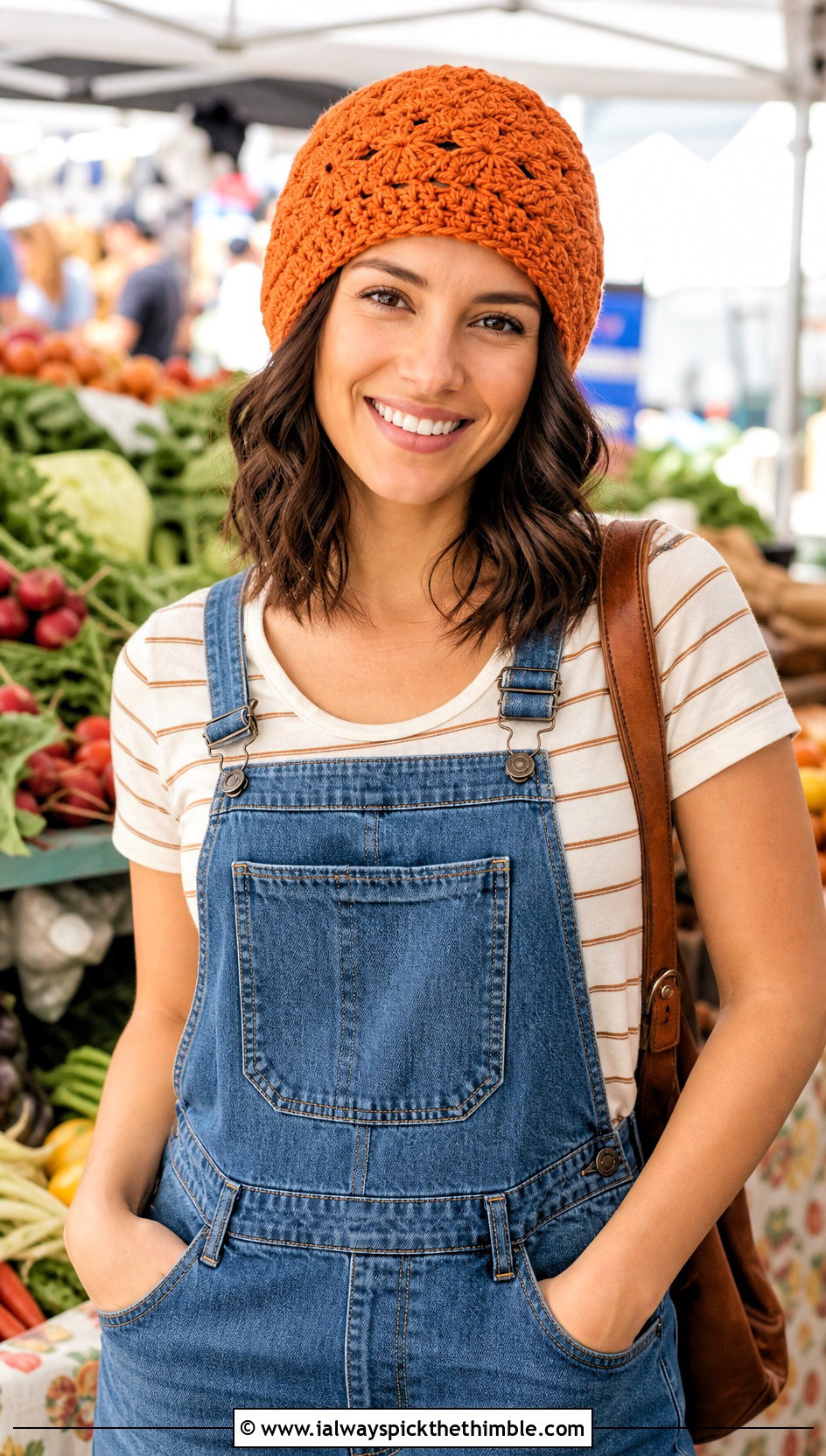 Shell Stitch Crochet Lace Beanie With Denim Overalls - 20 crochet lace beanie outfit ideas