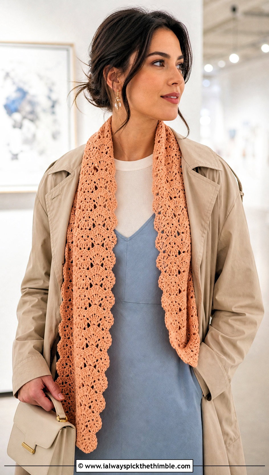 Shell Stitch Crochet Lace Scarf With Trench Coat And Slip Dress - 20 easy crochet lace scarf outfit ideas