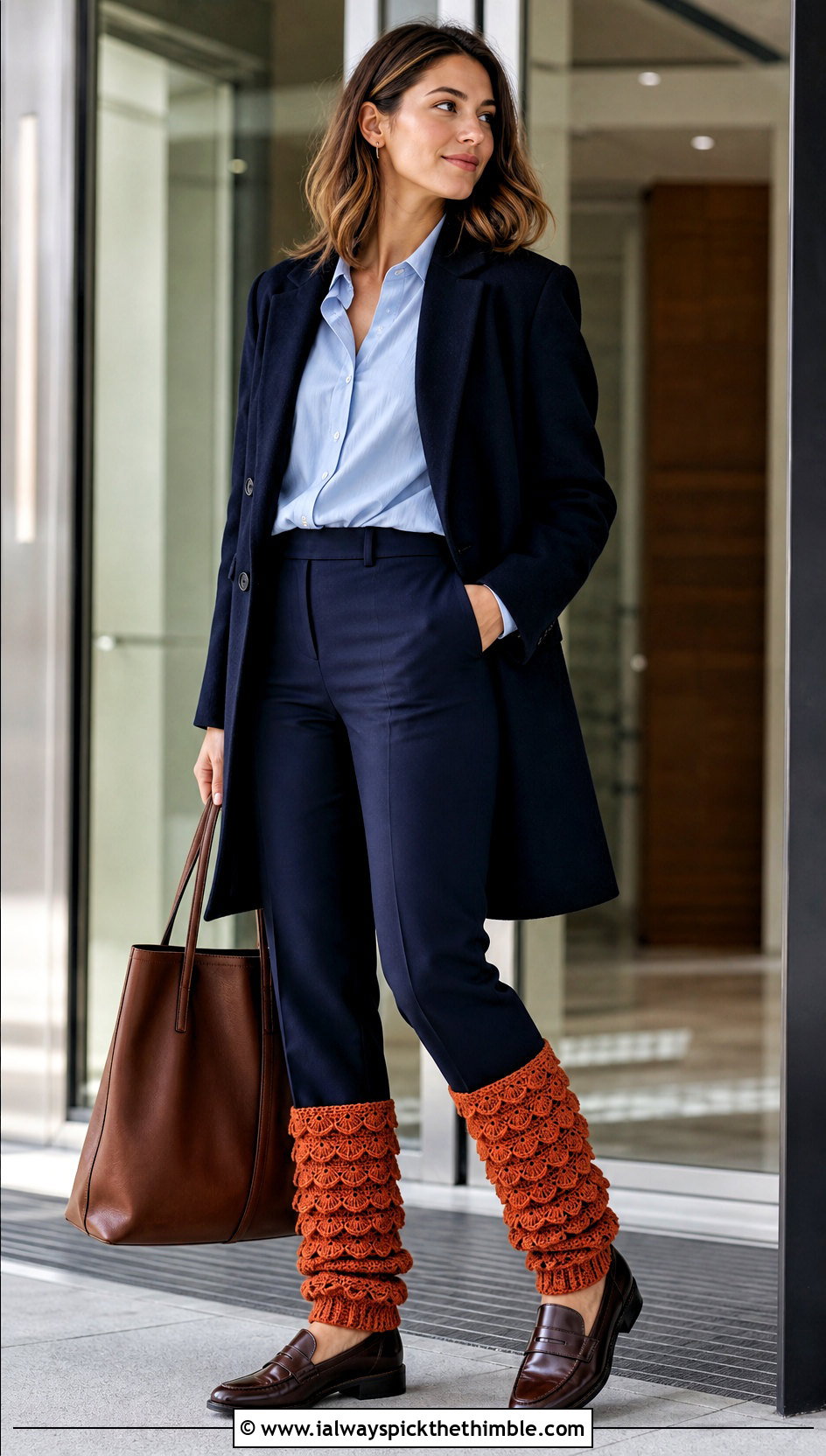 Shell Stitch Crochet Leg Warmers With Cropped Trousers And Blouse - 20 Crochet Legwarmer outfit ideas