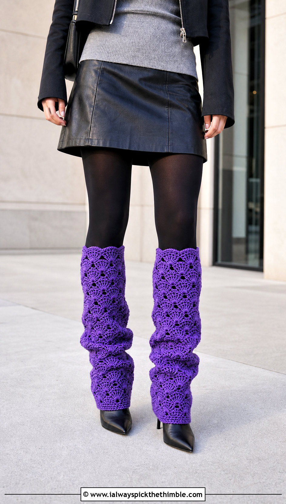 Shell Stitch Crochet Leg Warmers With Leather Skirt - 20 aesthetic crochet leg warmers outfit ideas