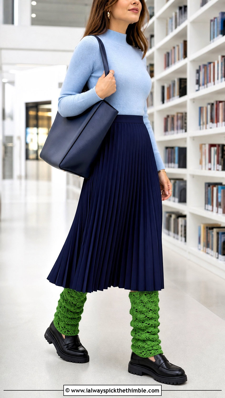 Shell Stitch Crochet Leg Warmers With Pleated Midi Skirt - 20 cute crochet leg warmers outfit ideas