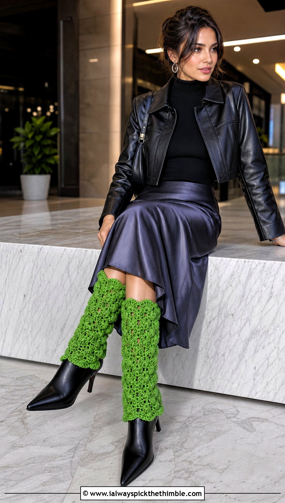 Shell Stitch Crochet Leg Warmers With Satin Midi Skirt - 20 diy crochet leg warmers outfit ideas