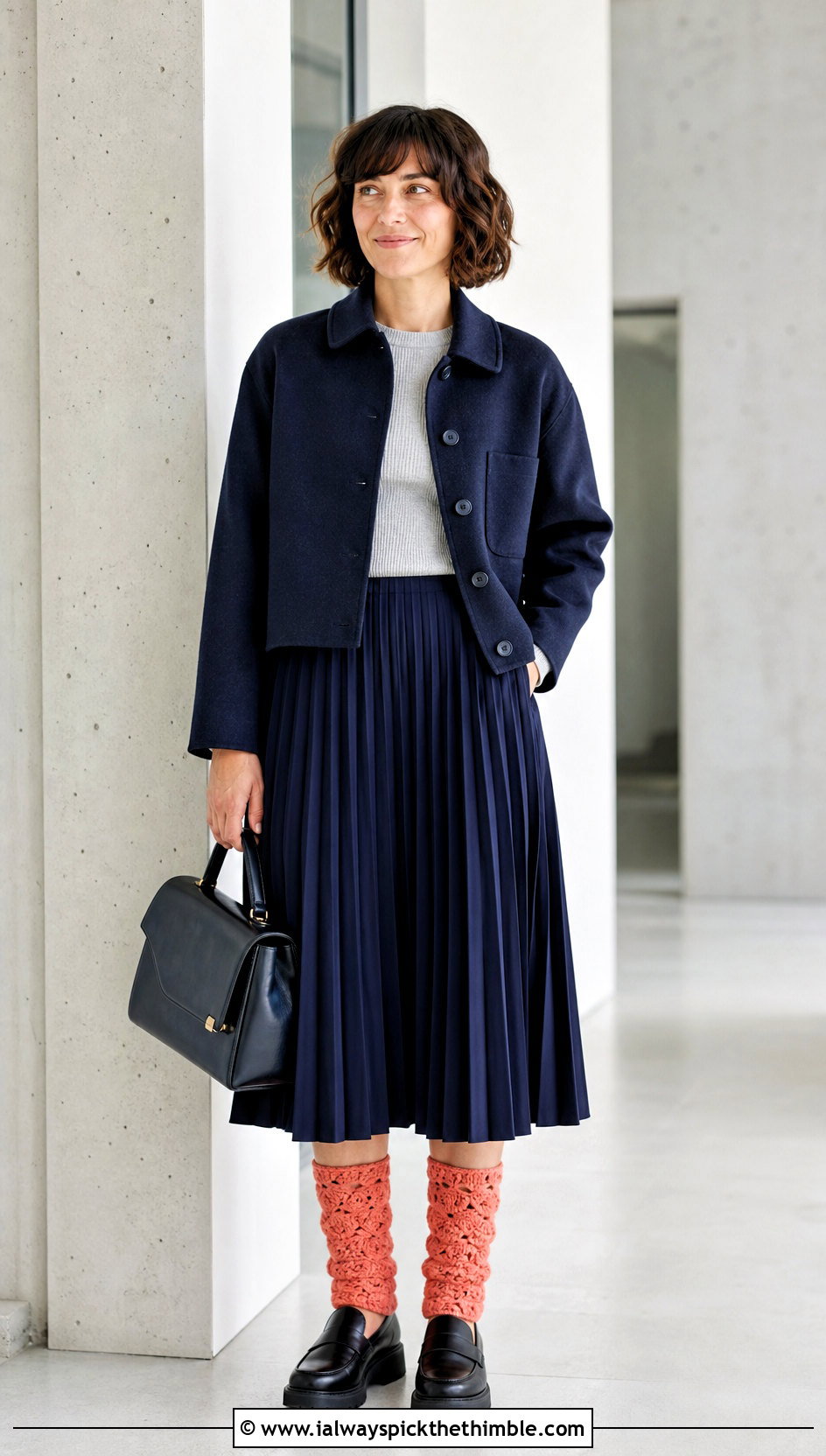 Shell Stitch Crochet Legwarmers With Pleated Midi Skirt And Loafers - 25 crochet legwarmers outfit ideas
