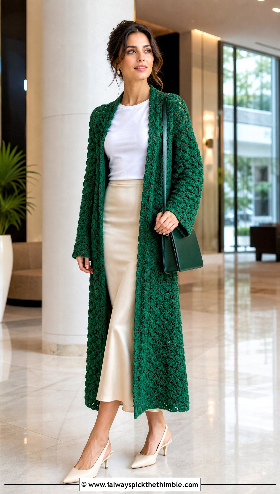 Shell Stitch Crochet Long Cardigan With Satin Skirt - 20 Crochet Long Lacy Cardigan outfit ideas