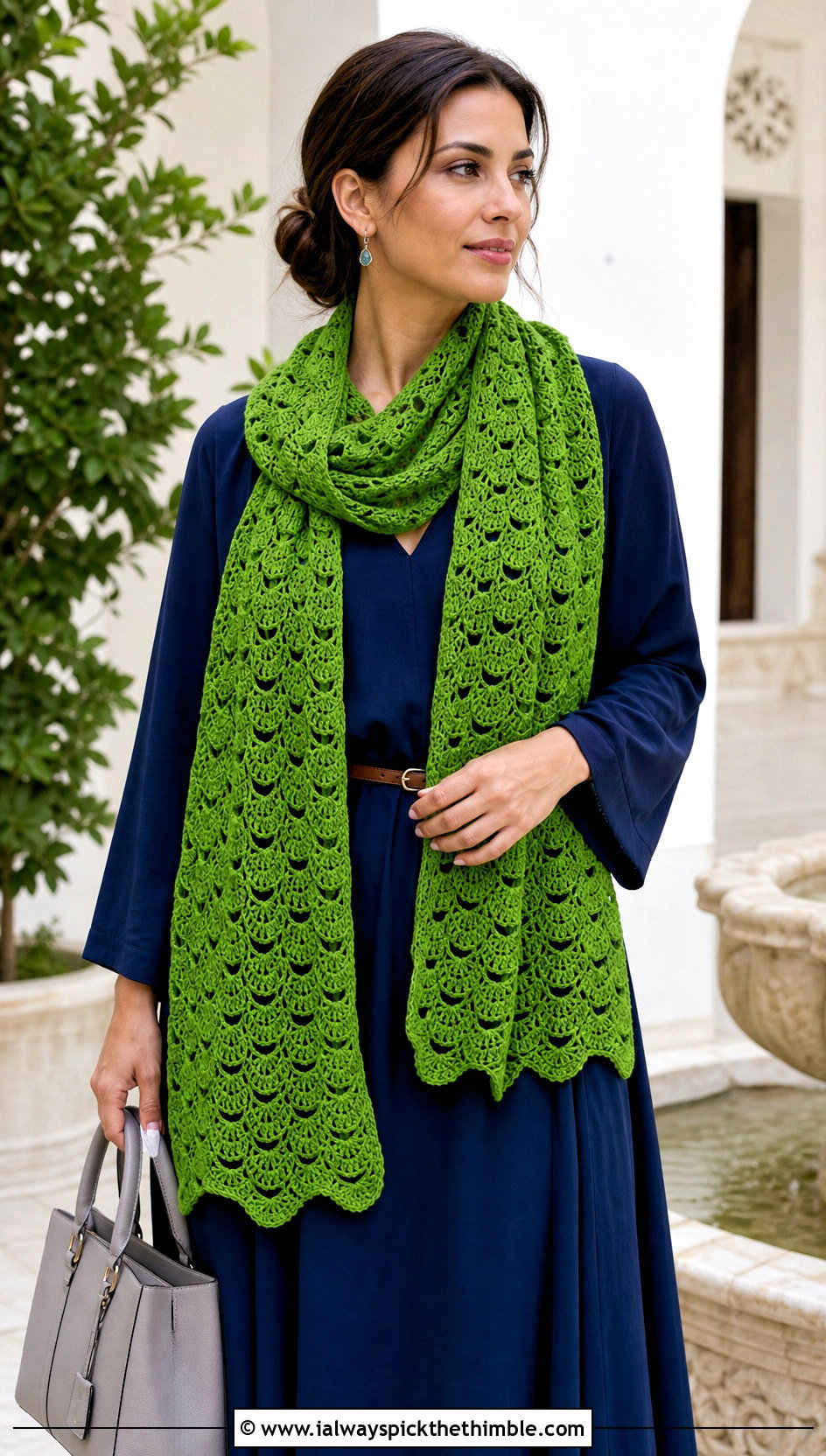 Shell Stitch Crochet Long Scarf With Maxi Dress - 20 Crochet Long Scarf outfit ideas
