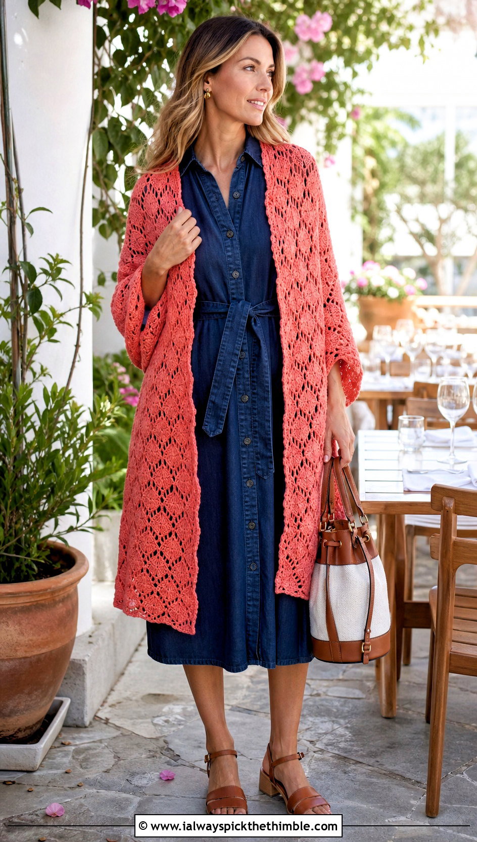 Shell Stitch Crochet Long Shawl With Denim Dress - 20 Crochet Long Shawl outfit ideas