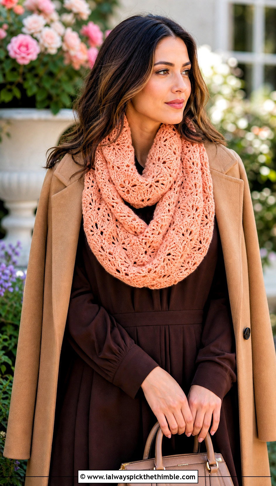 Shell Stitch Crochet Loop Scarf With Midi Dress - 20 Crochet Loop Scarf outfit ideas