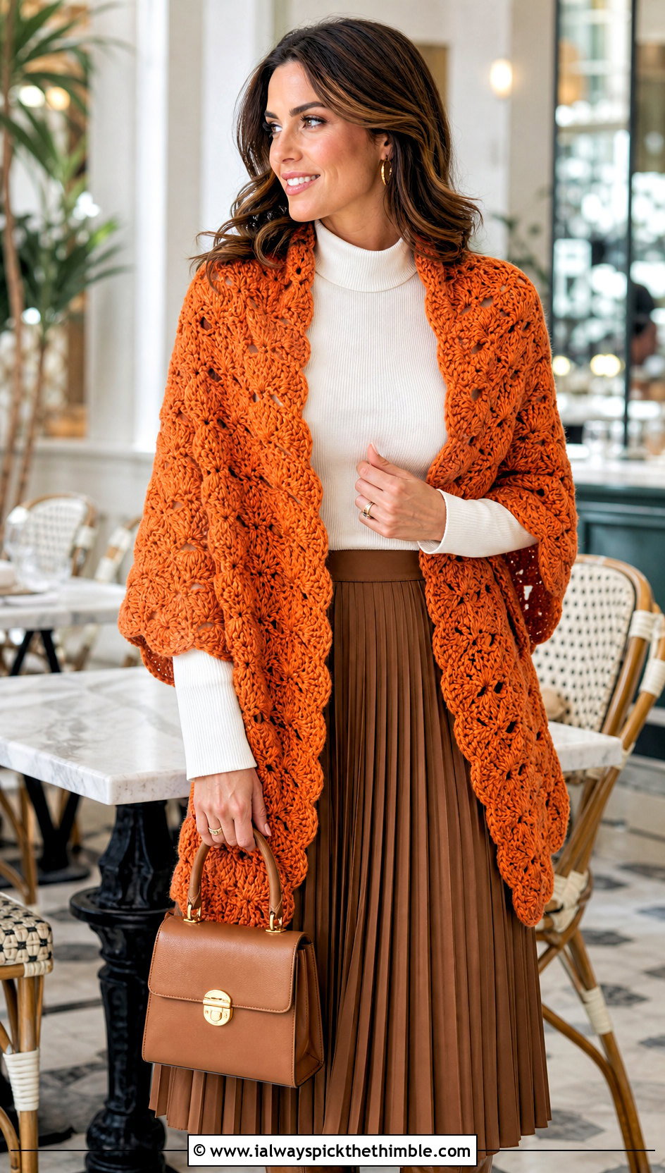 Shell Stitch Crochet Mantle Scarf With Midi Skirt - 20 Crochet Mantle Scarf outfit ideas