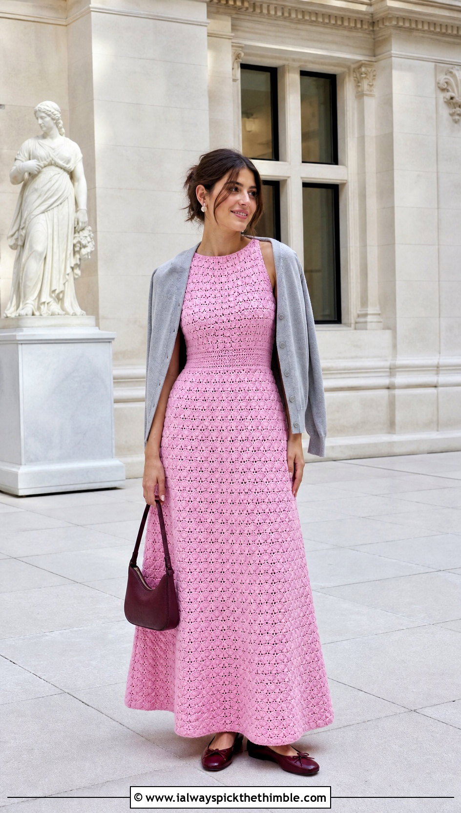 Shell Stitch Crochet Maxi Dress With Ballet Flats - 25 Long Crochet Dress outfit ideas