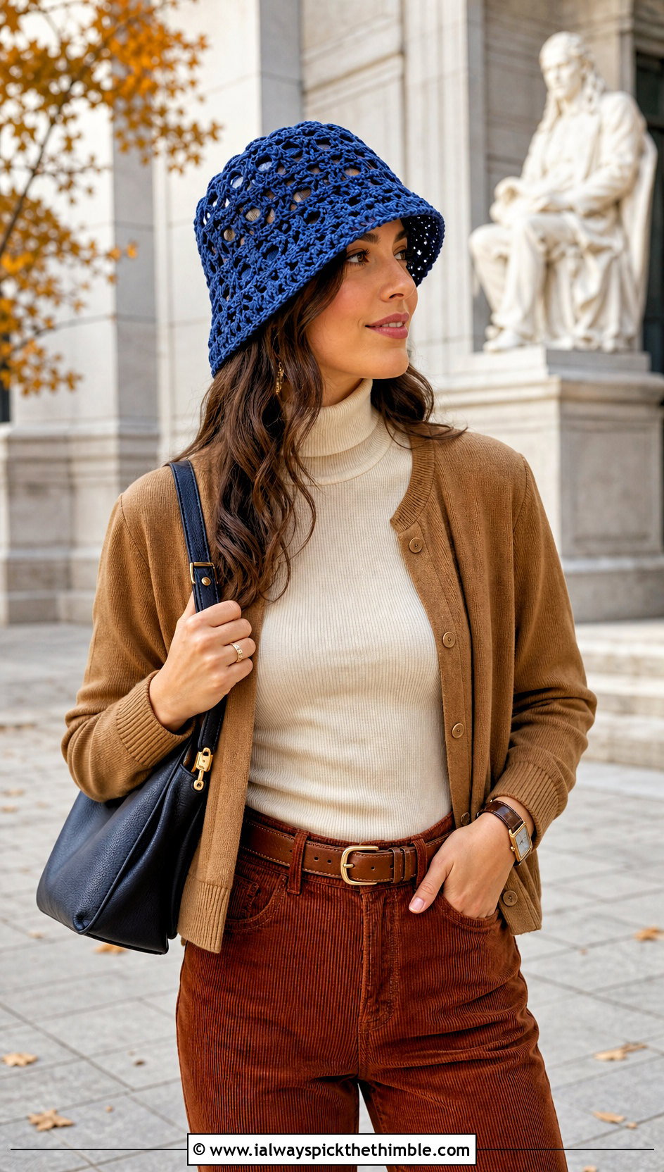 Shell Stitch Crochet Mesh Bucket Hat With Corduroy Pants - 20 crochet mesh bucket hat outfit ideas