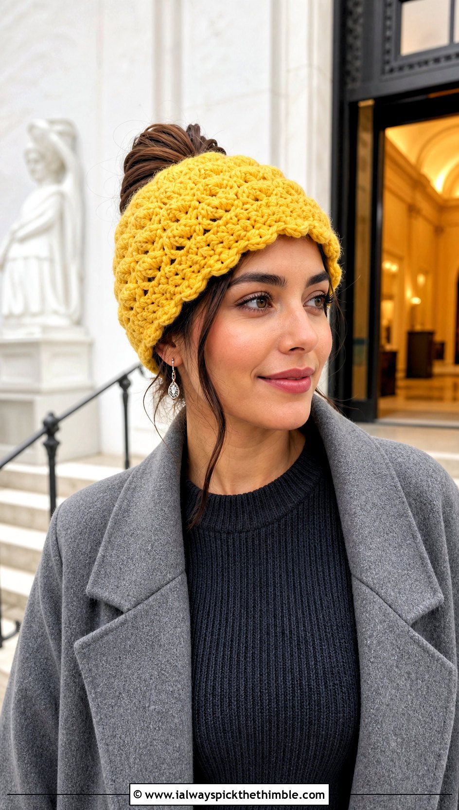 Shell Stitch Crochet Messy Bun Hat With Sweater Dress - 20 Crochet Messy Bun Hat Bulky Yarn outfit ideas