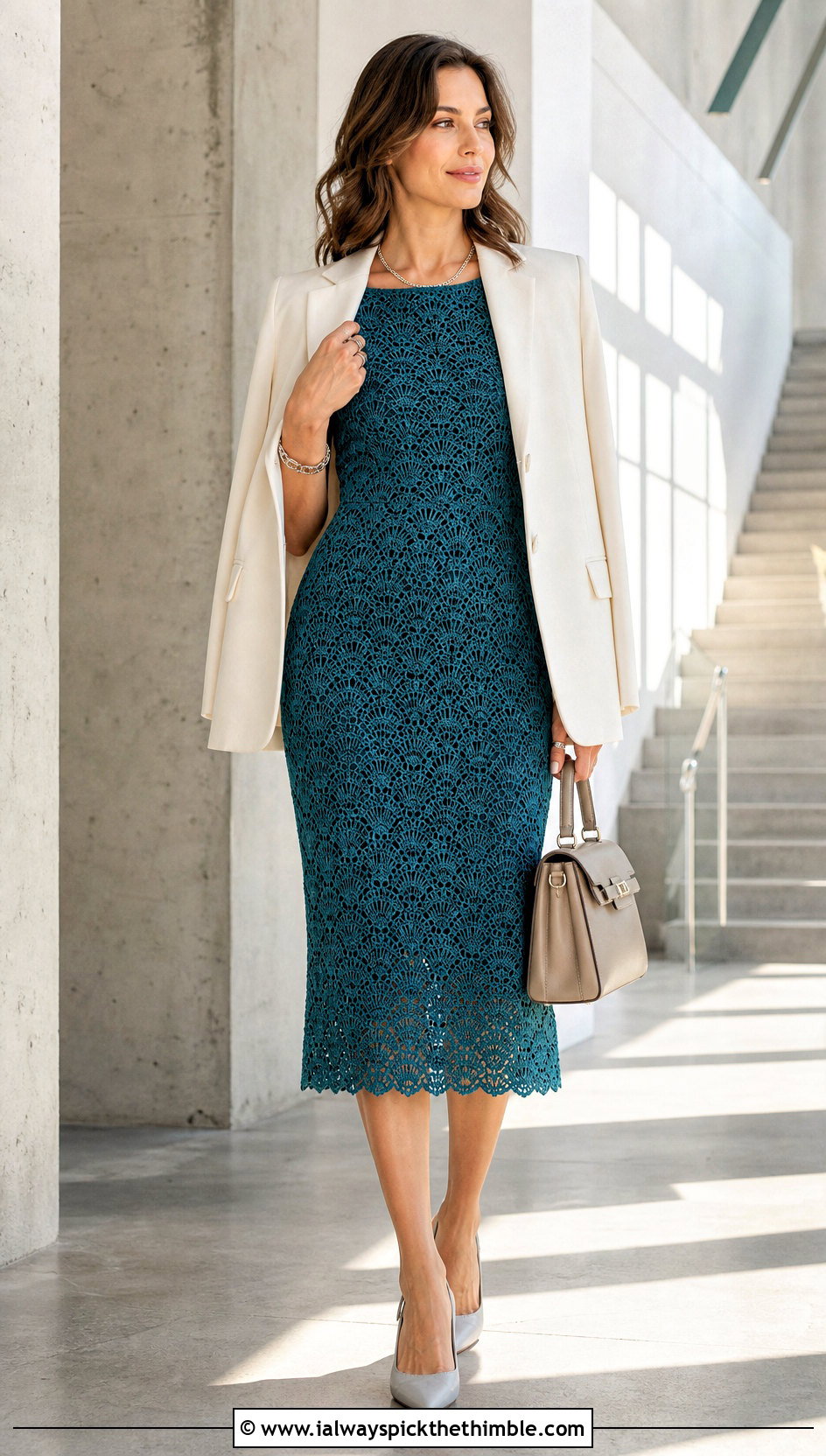 Shell Stitch Crochet Midi Dress With Blazer - 15 Spring Style Crochet Dress outfit ideas