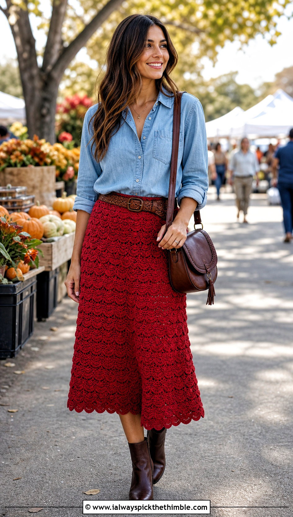 Shell Stitch Crochet Midi Skirt With Chambray Shirt - 25 crochet midi skirt outfit ideas