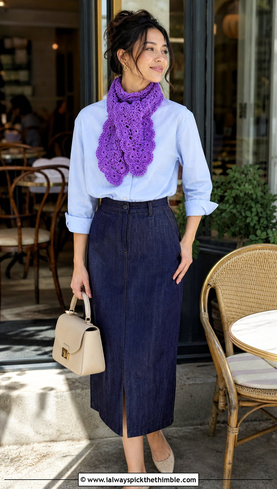 Shell Stitch Crochet Mini Scarf With Button Down Shirt And Midi Skirt - 25 crochet mini scarf outfit ideas