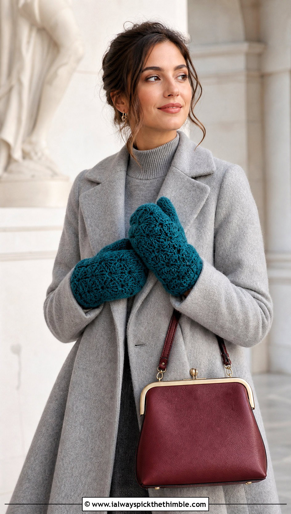 Shell Stitch Crochet Mittens With A Wool Swing Coat - 15 vintage crochet mitten outfit ideas