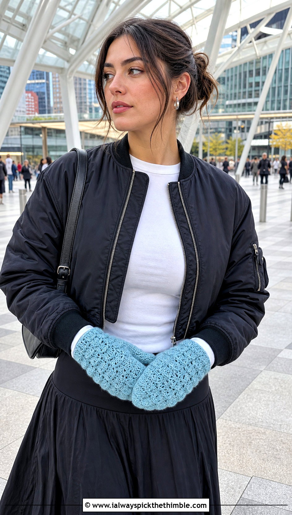 Shell Stitch Crochet Mittens With Bomber Jacket - 20 Simple Crochet Mittens outfit ideas