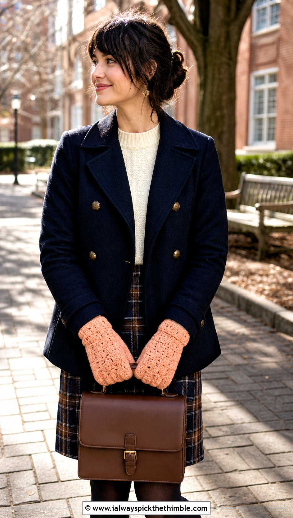 Shell Stitch Crochet Mittens With Peacoat And Plaid Skirt - 20 quick crochet mittens outfit ideas