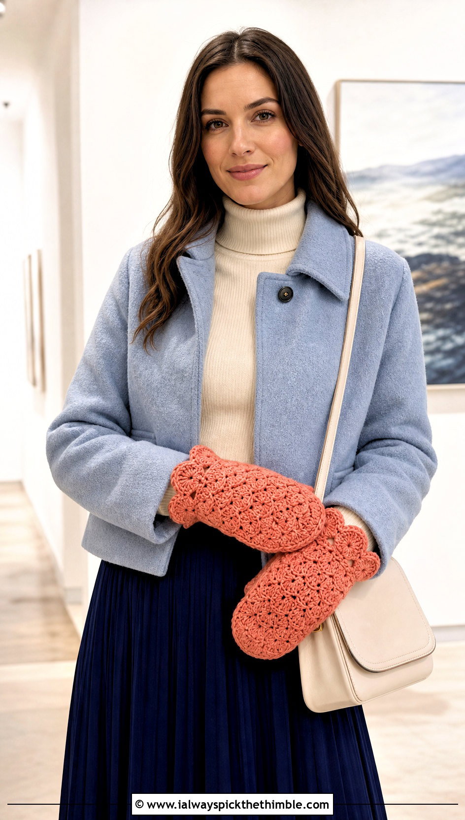Shell Stitch Crochet Mittens With Pleated Skirt - 25 easy crochet mittens for beginners outfit ideas