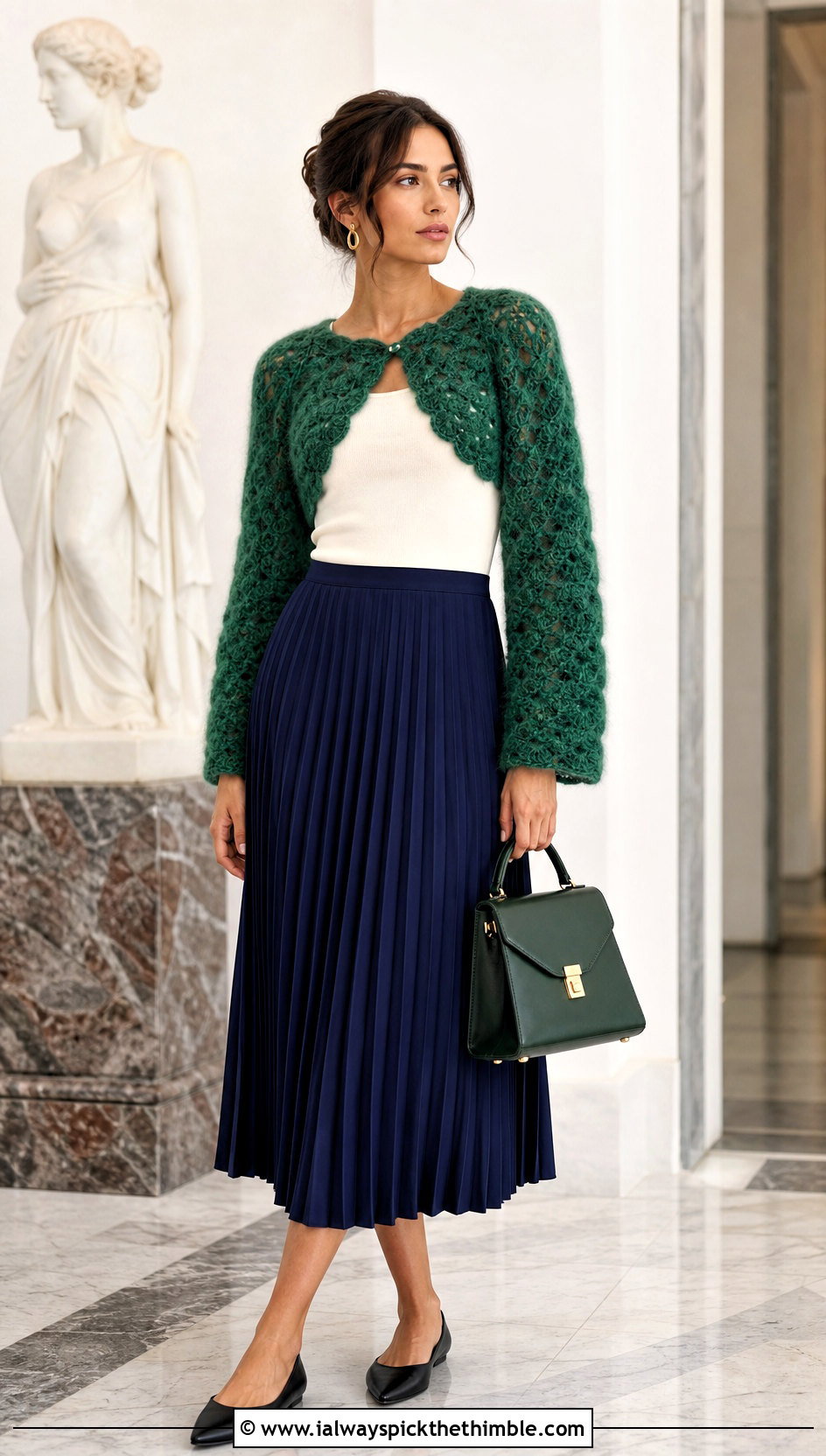 Shell Stitch Crochet Mohair Bolero With Pleated Midi Skirt - 20 crochet mohair bolero outfit ideas