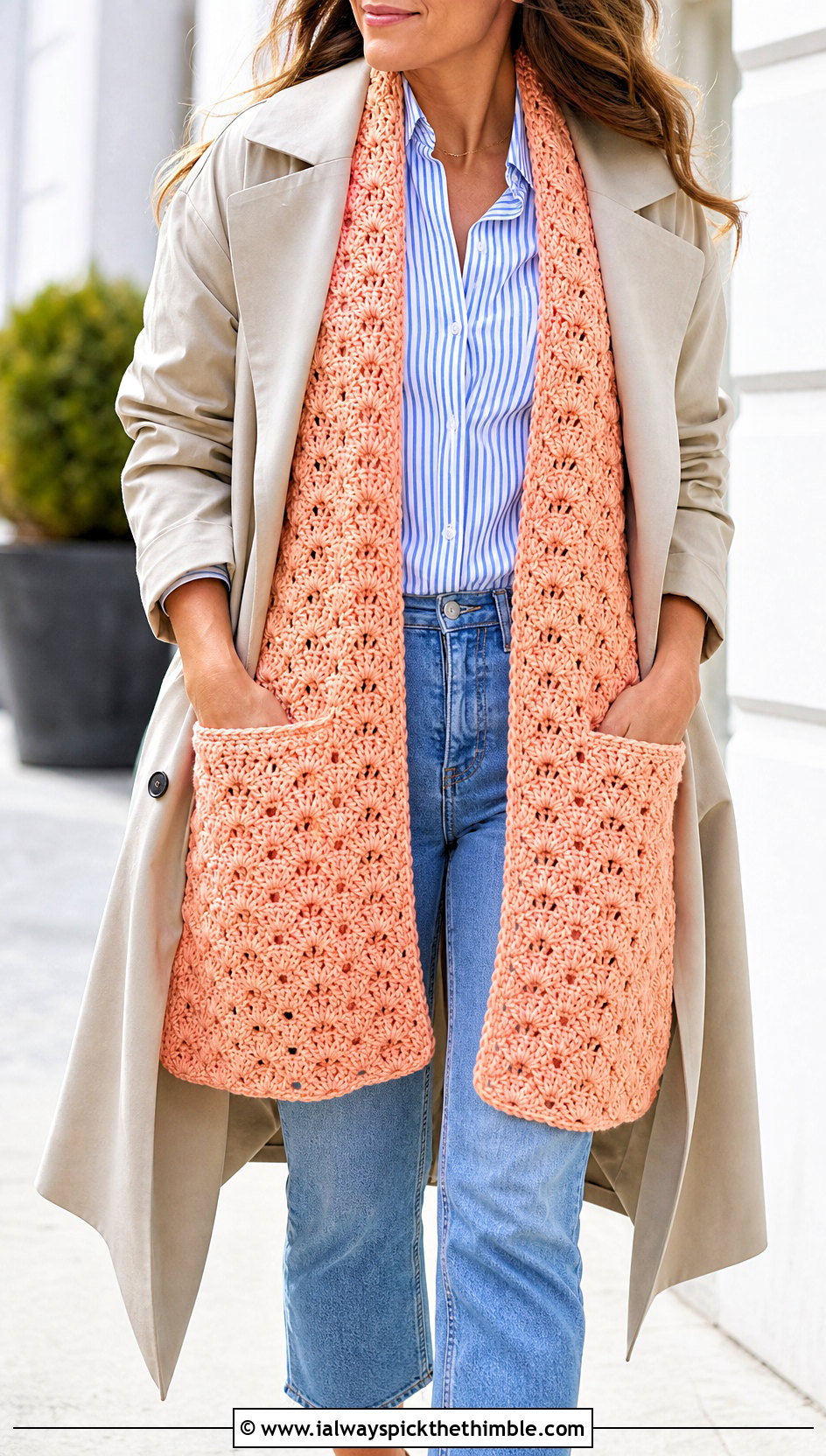 Shell Stitch Crochet Pocket Scarf With Trench Coat - 15 Crochet Scarf With Hand Pockets outfit ideas