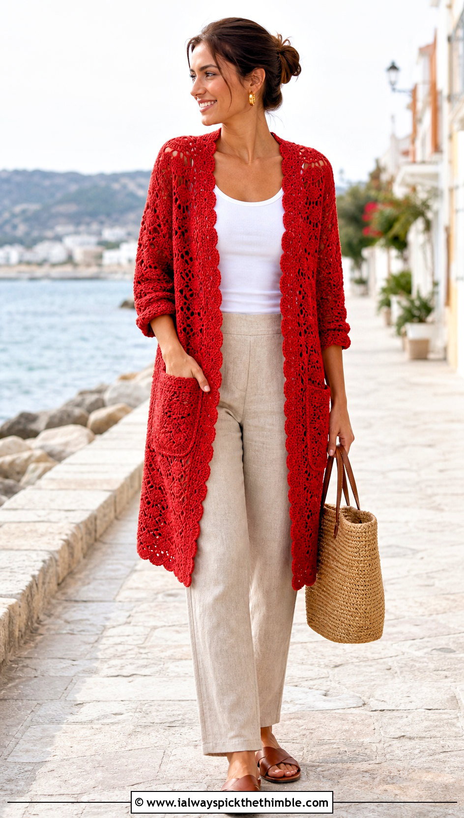 Shell Stitch Crochet Pocket Wrap With Linen Pants - 20 Crochet Pocket Wrap outfit ideas