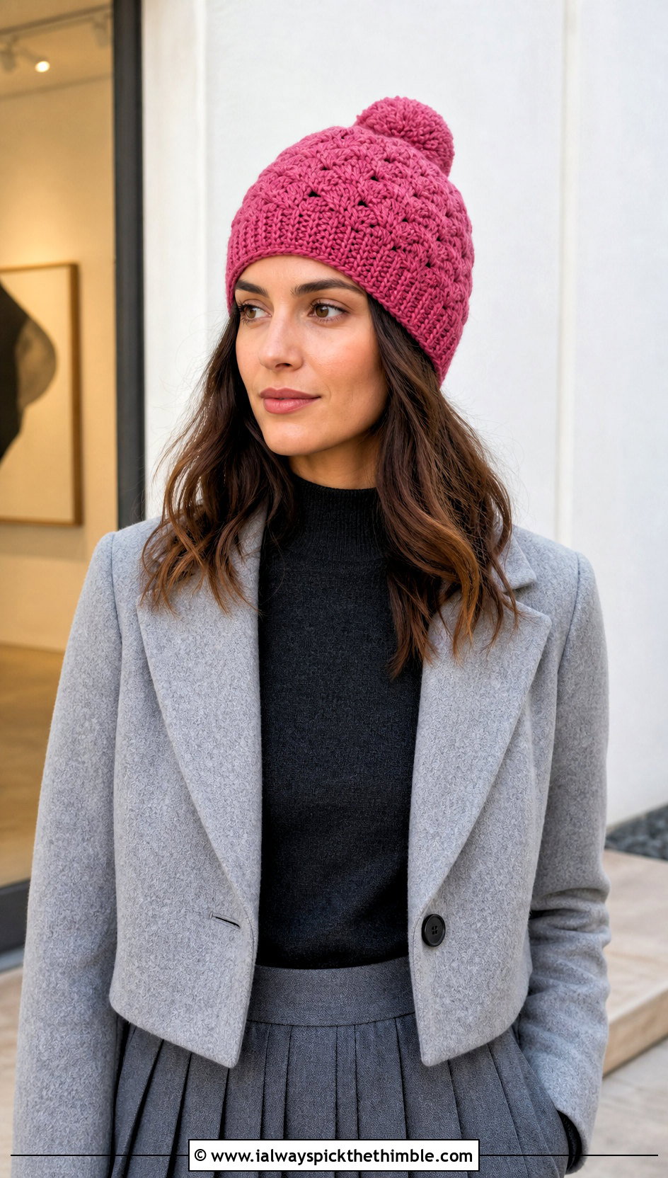Shell Stitch Crochet Pom Pom Beanie With Pleated Skirt - 20 crochet beanie with pom pom outfit ideas