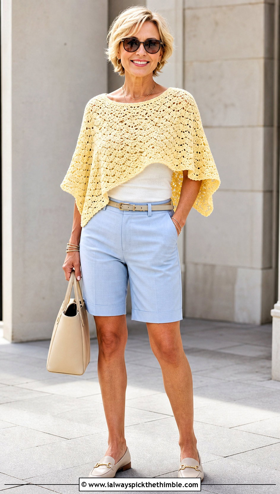 Shell Stitch Crochet Poncho Top With Bermuda Shorts - 20 Crochet Poncho Top outfit ideas