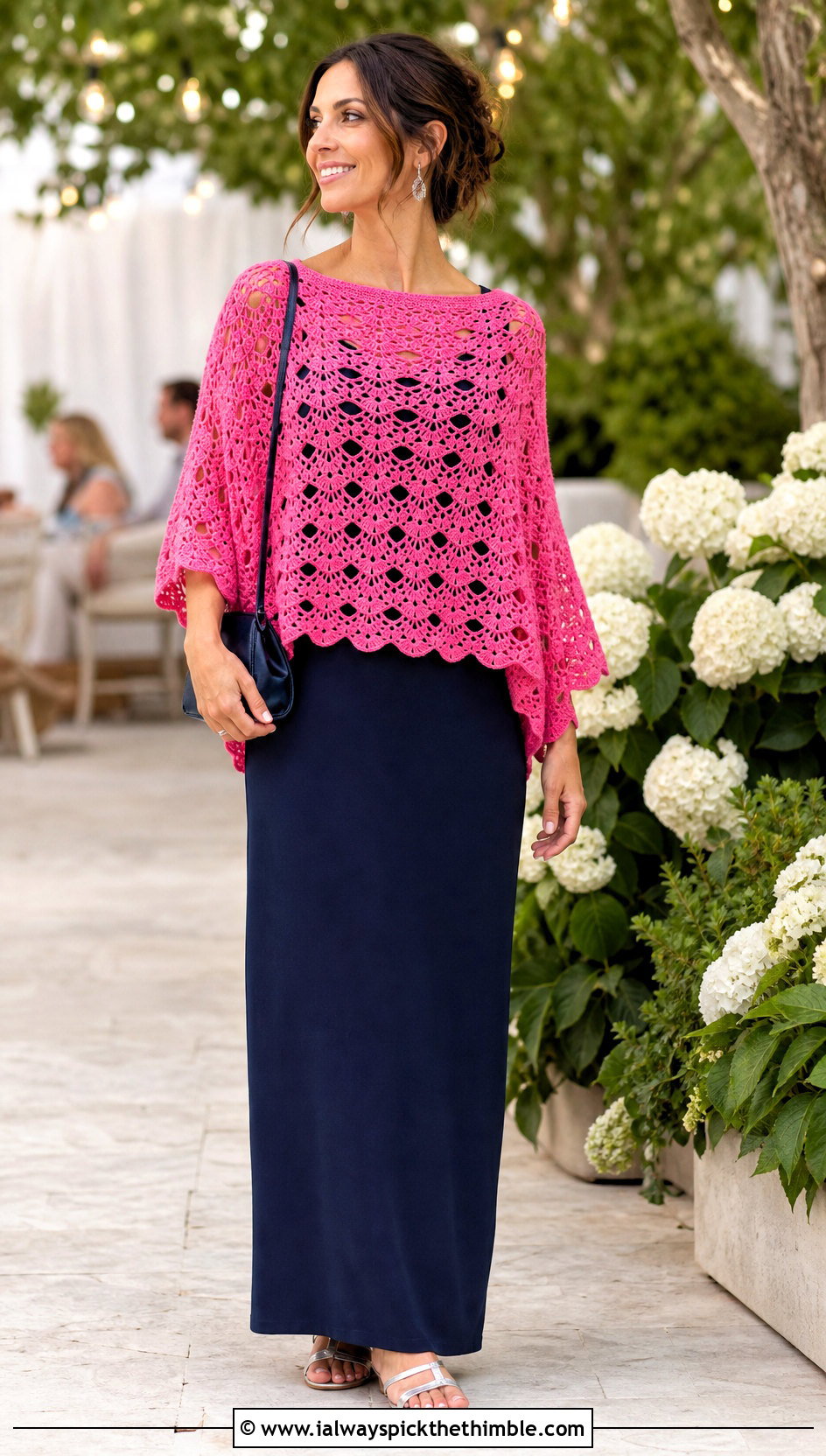 Shell Stitch Crochet Poncho With Maxi Dress - 25 crochet ponchos outfit ideas