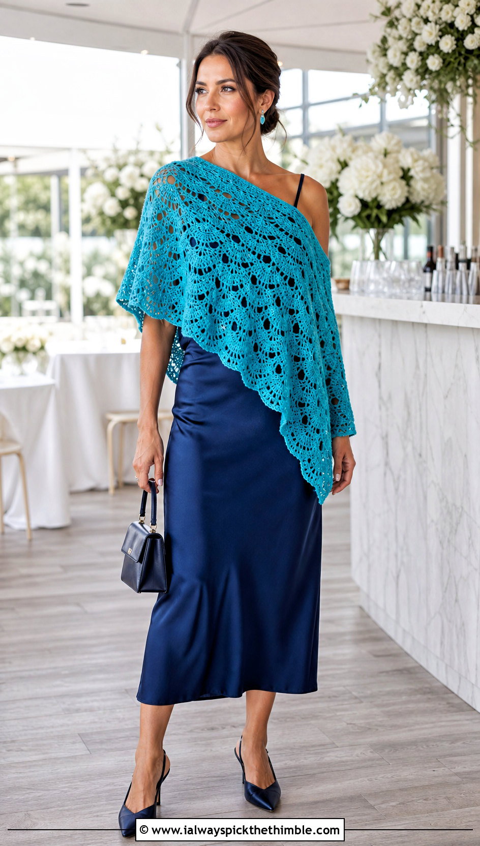 Shell Stitch Crochet Poncho With Satin Slip Skirt - 25 easy crochet poncho woman outfit ideas
