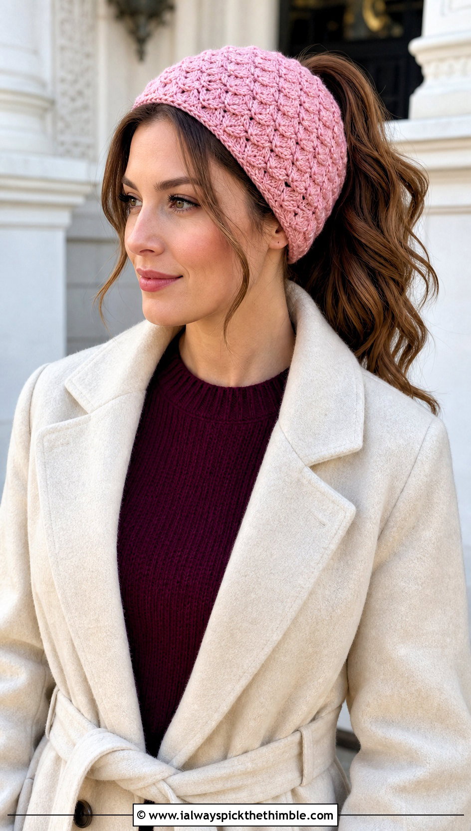 Shell Stitch Crochet Ponytail Hat With Sweater Dress - 20 easy crochet ponytail hat outfit ideas