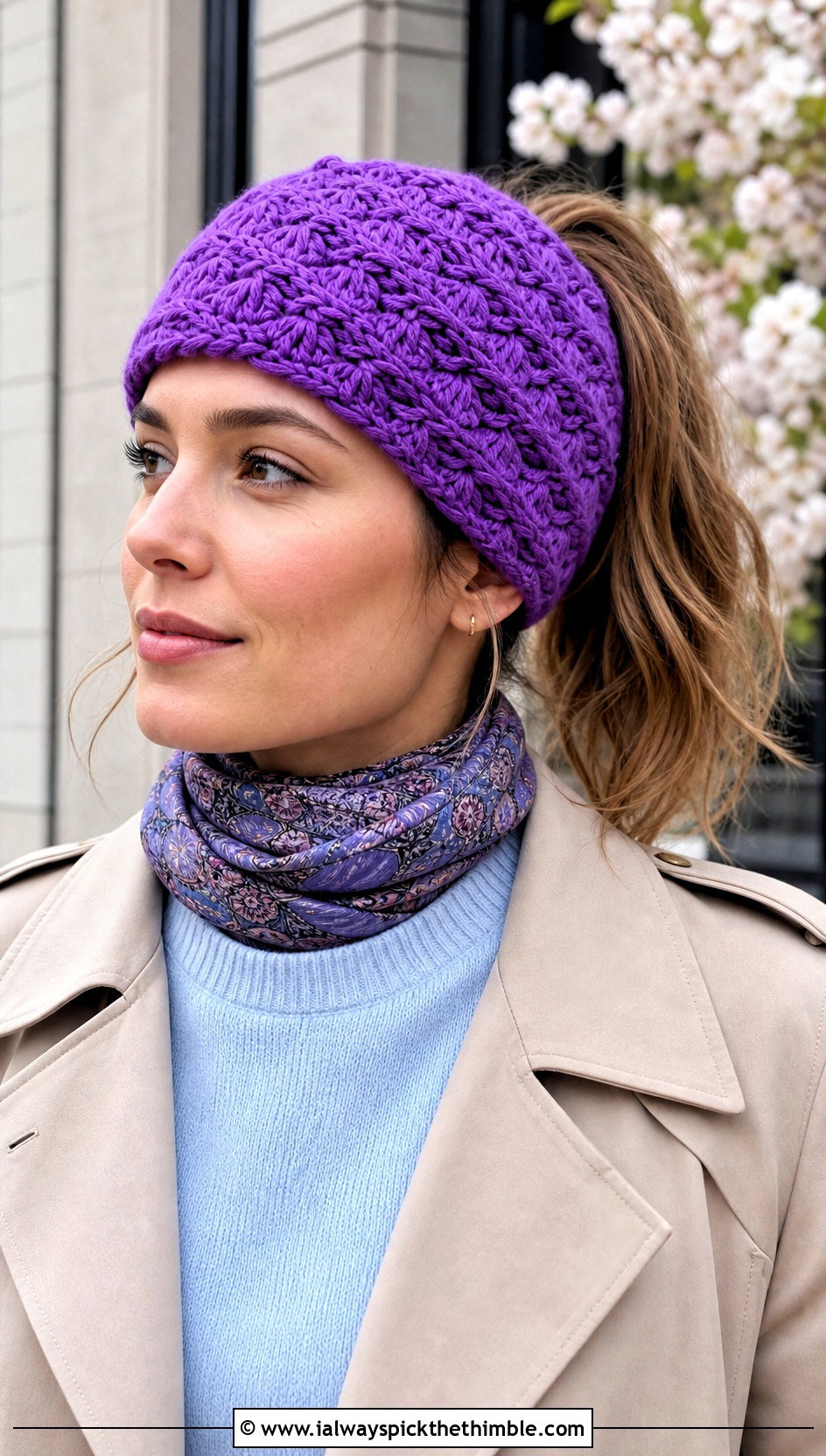 Shell Stitch Crochet Ponytail Hat With Trench Coat - 20 crochet hat with ponytail hole outfit ideas