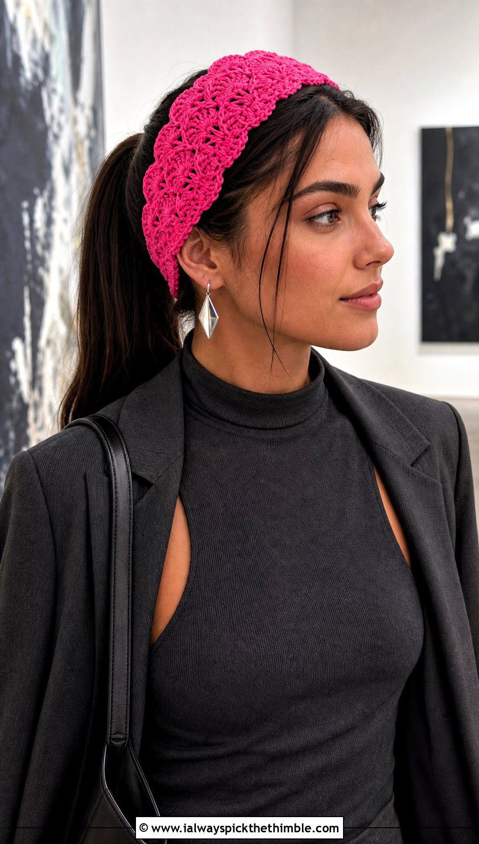 Shell Stitch Crochet Ponytail Headband With Tailored Trousers - 20 Crochet Ponytail Headband outfit ideas