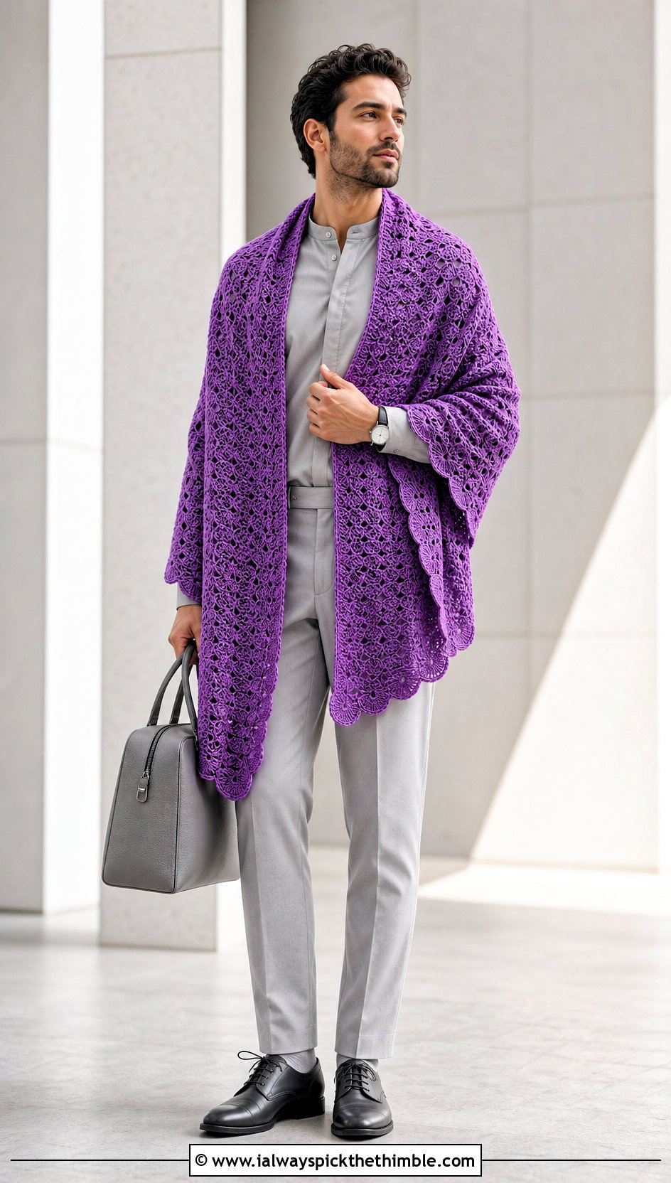 Shell Stitch Crochet Prayer Shawl With A Monochrome Outfit - 20 Mens Crochet Prayer Shawl outfit ideas