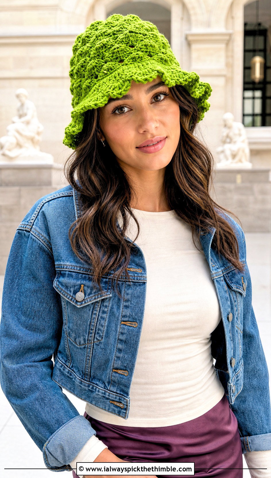 Shell Stitch Crochet Ruffle Bucket Hat With Midi Skirt - 25 crochet ruffle bucket hat outfit ideas