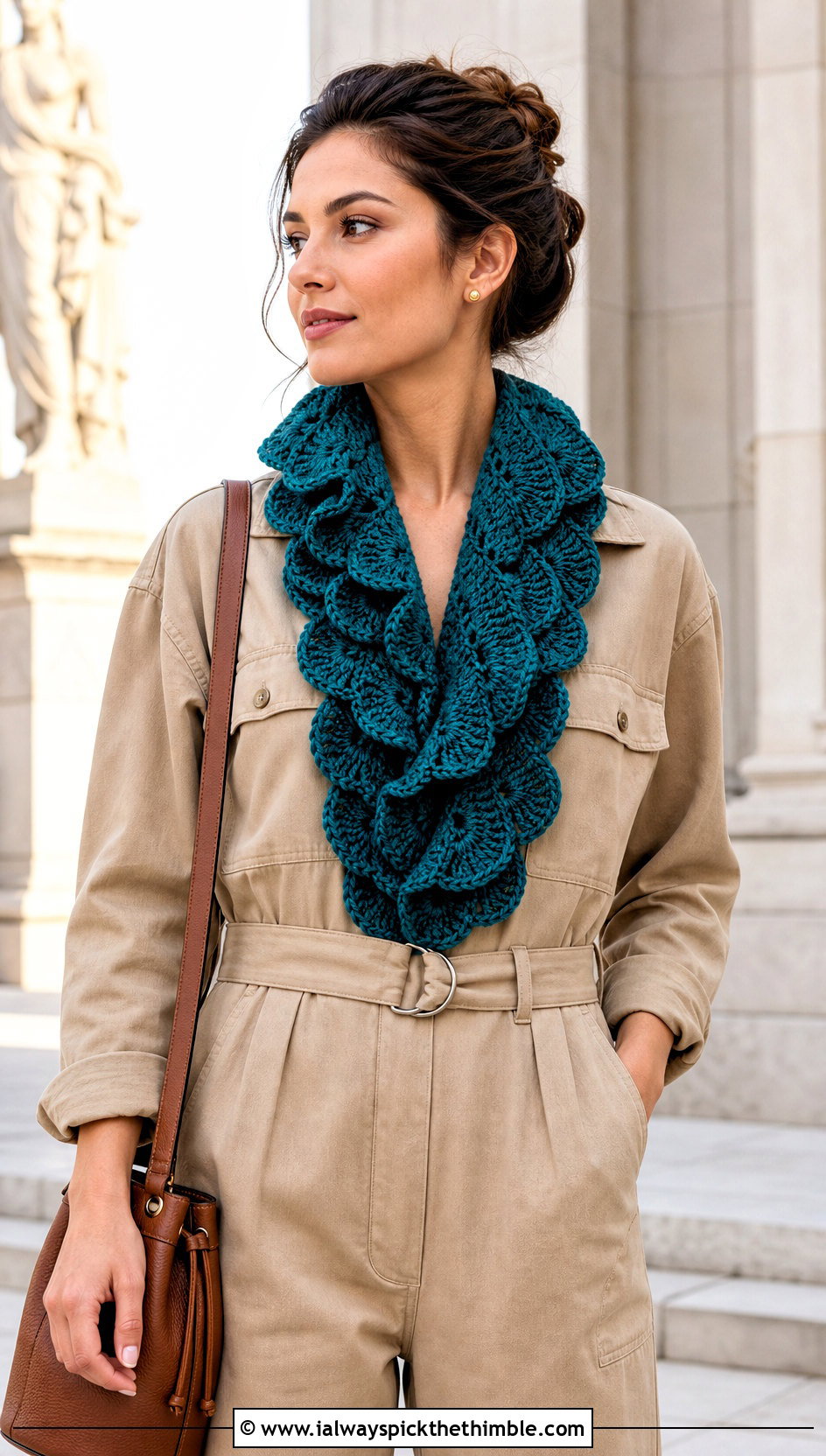 Shell Stitch Crochet Ruffle Scarf With Utility Jumpsuit And Sneakers - 20 crochet ruffle scarf outfit ideas