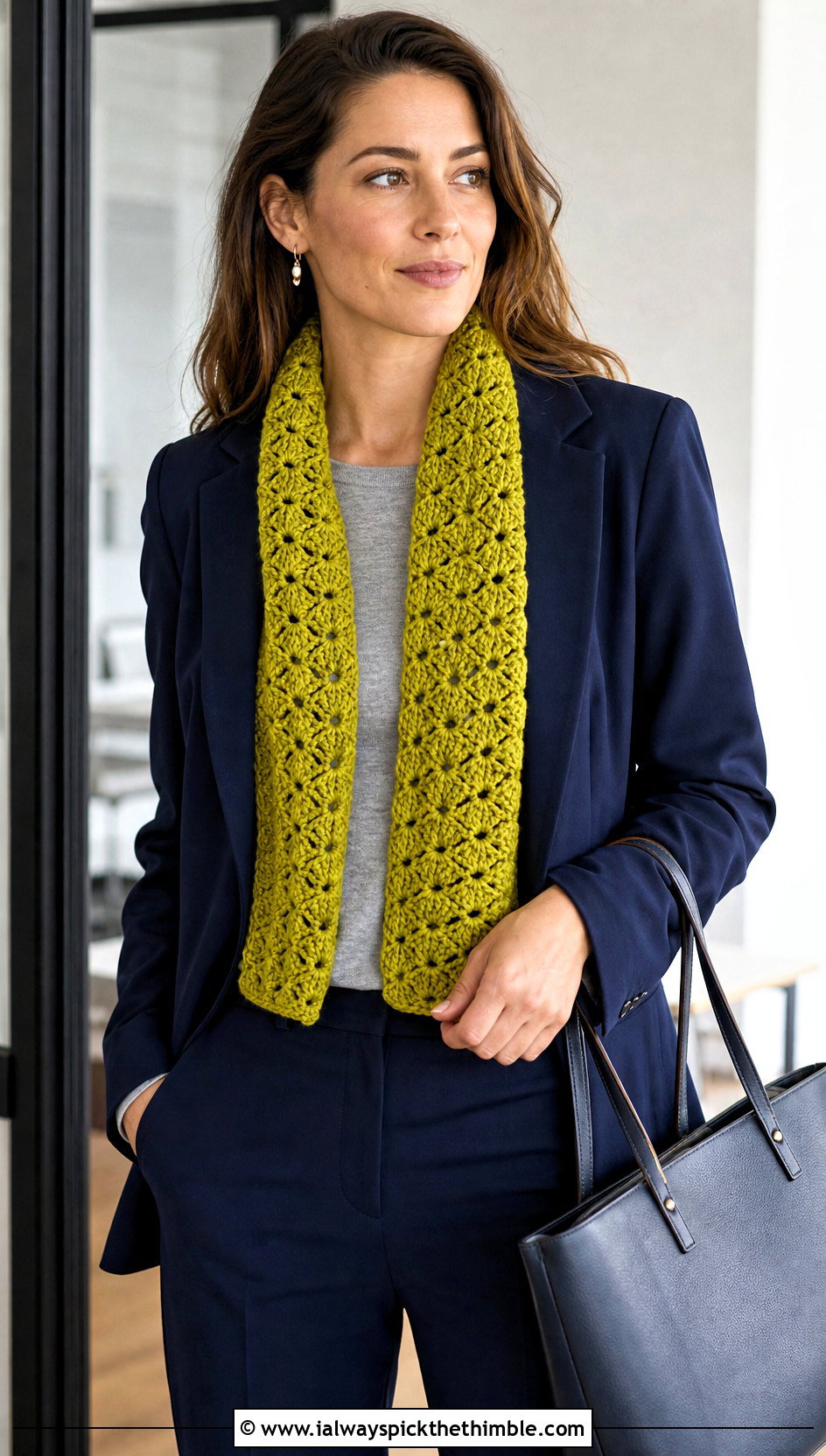 Shell Stitch Crochet Scarf With Blazer And Trousers - 20 one row repeat crochet scarf outfit ideas