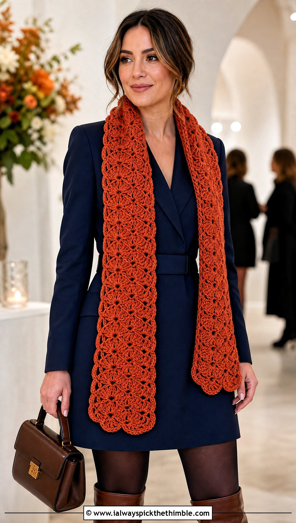 Shell Stitch Crochet Scarf With Blazer Dress and Tall Boots - 25 fall crochet scarf outfit ideas