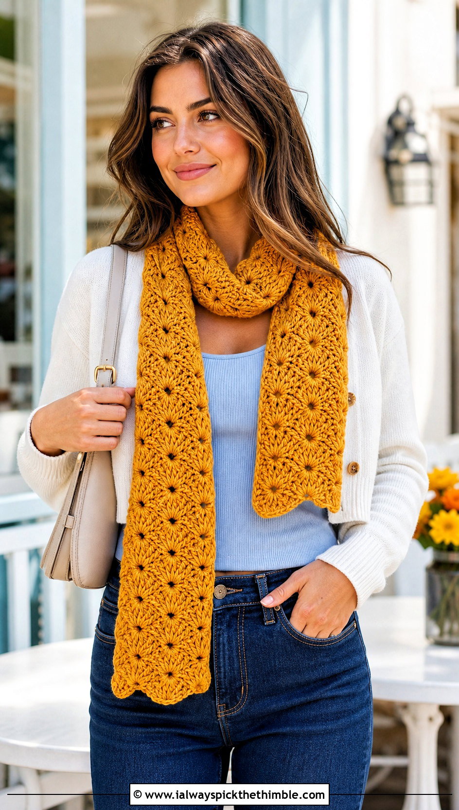 Shell Stitch Crochet Scarf With Cardigan And Jeans - 20 pretty crochet scarf outfit ideas