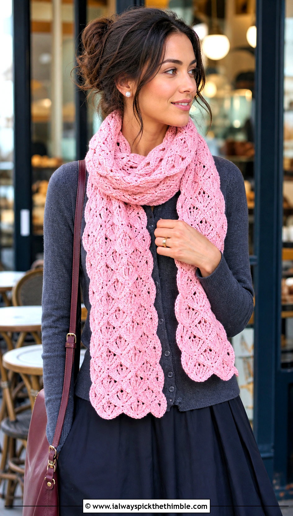 Shell Stitch Crochet Scarf With Cardigan And Midi Skirt - 20 unique crochet scarf outfit ideas
