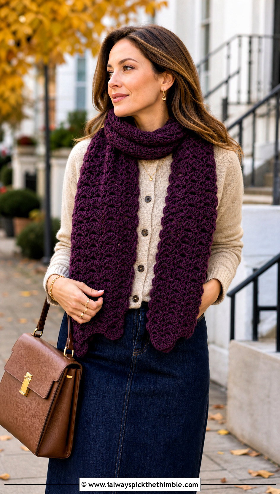 Shell Stitch Crochet Scarf With Cardigan And Midi Skirt - 25 small crochet scarf outfit ideas