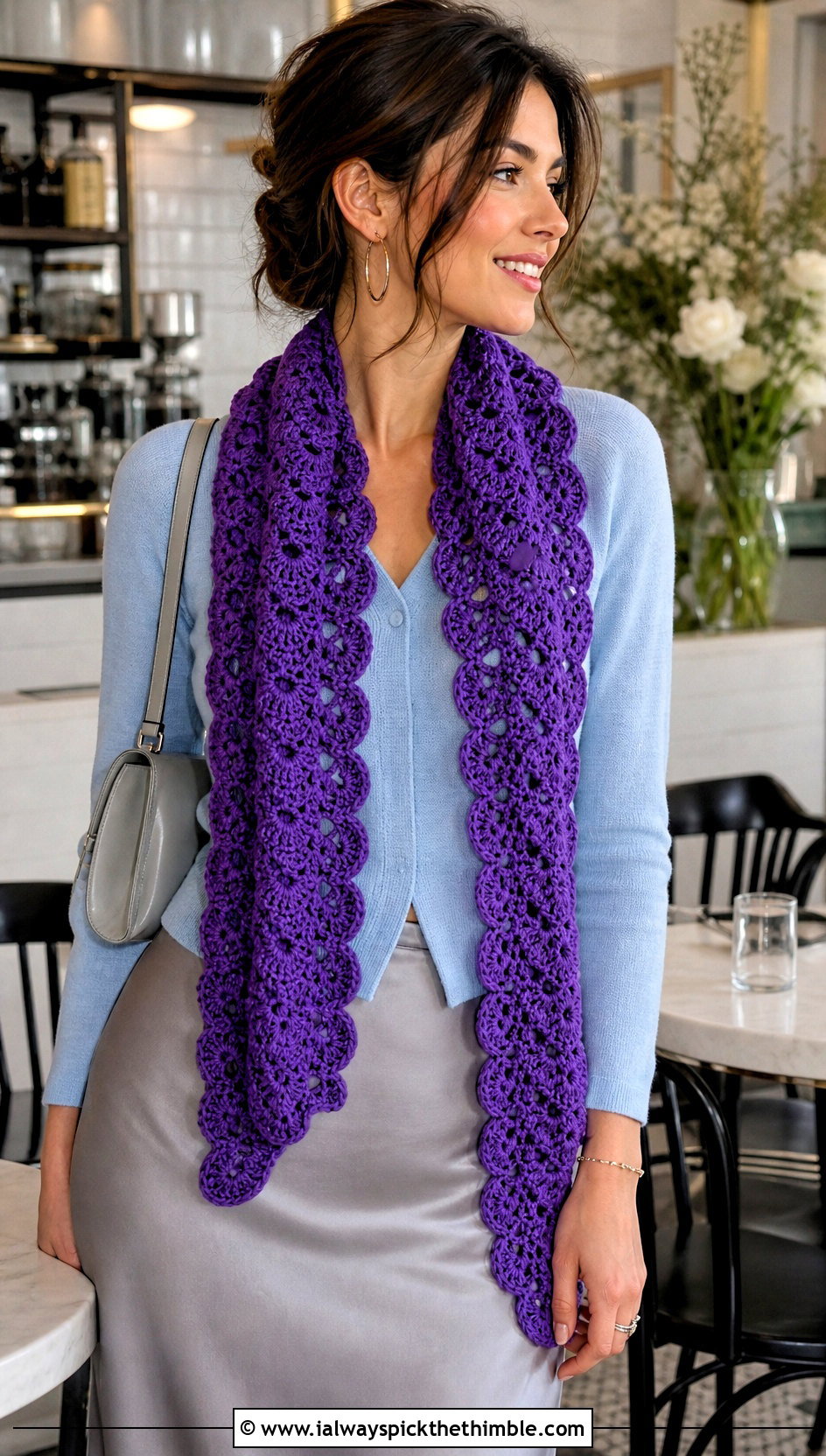 Shell Stitch Crochet Scarf With Cardigan And Midi Skirt - 15 elegant crochet scarf design outfit ideas