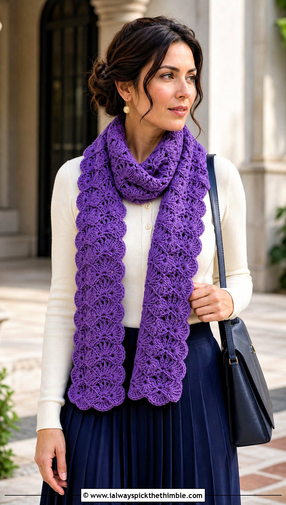 Shell Stitch Crochet Scarf With Cardigan And Pleated Skirt - 20 Elegant Crochet Scarf outfit ideas