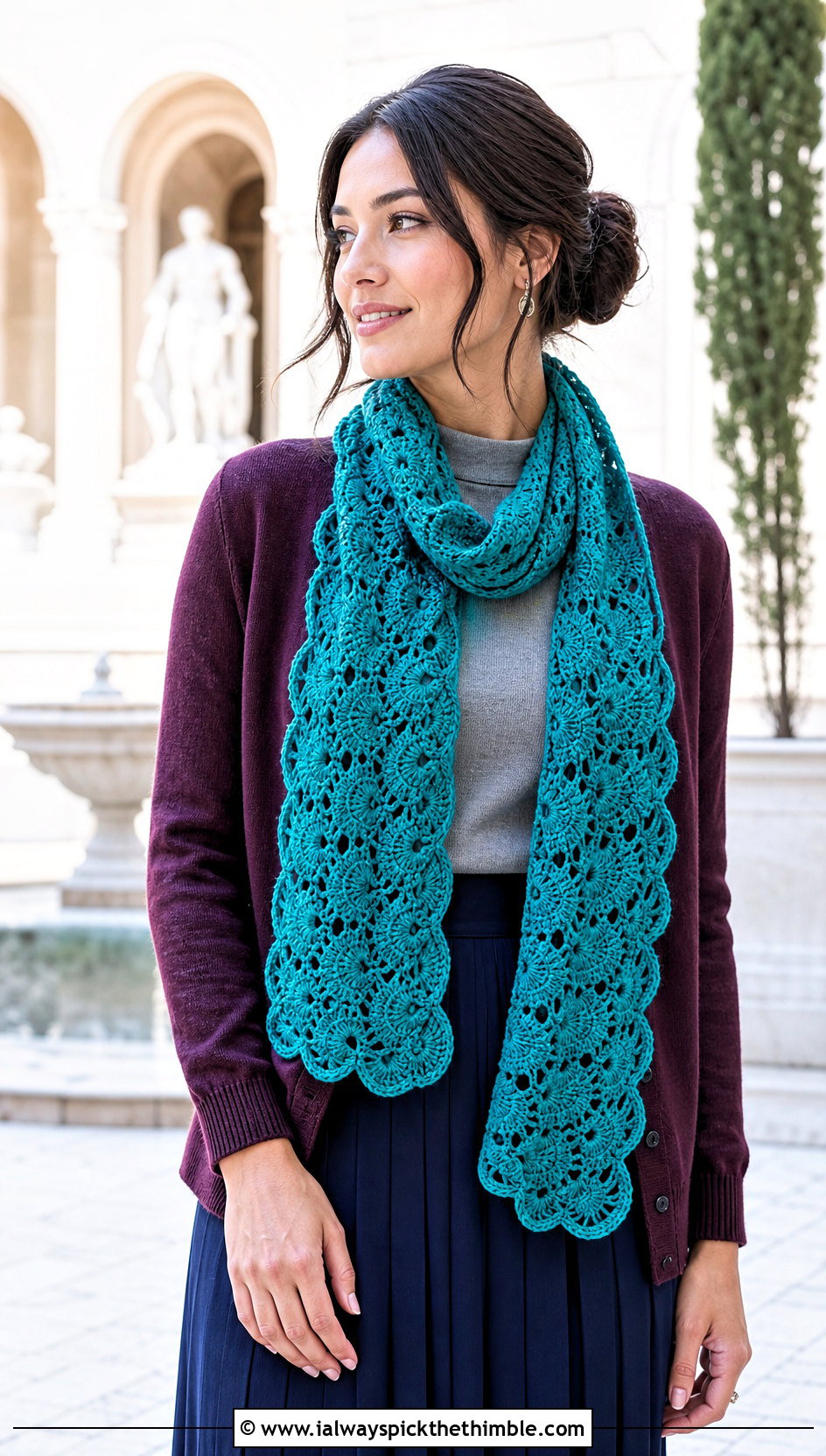 Shell Stitch Crochet Scarf With Cardigan And Skirt - 25 Winter Crochet Scarf outfit ideas