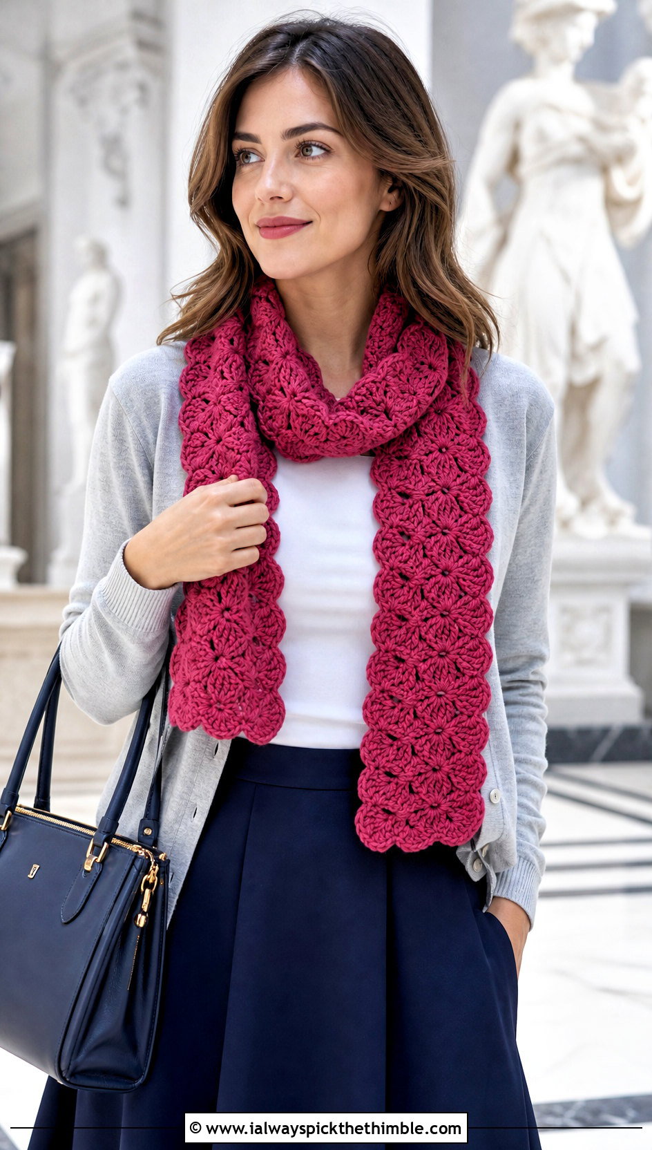 Shell Stitch Crochet Scarf With Cardigan And Skirt - 25 cute crochet scarf outfit ideas